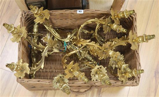A set of 6 gilt metal Rococo style 3 branch wall lights